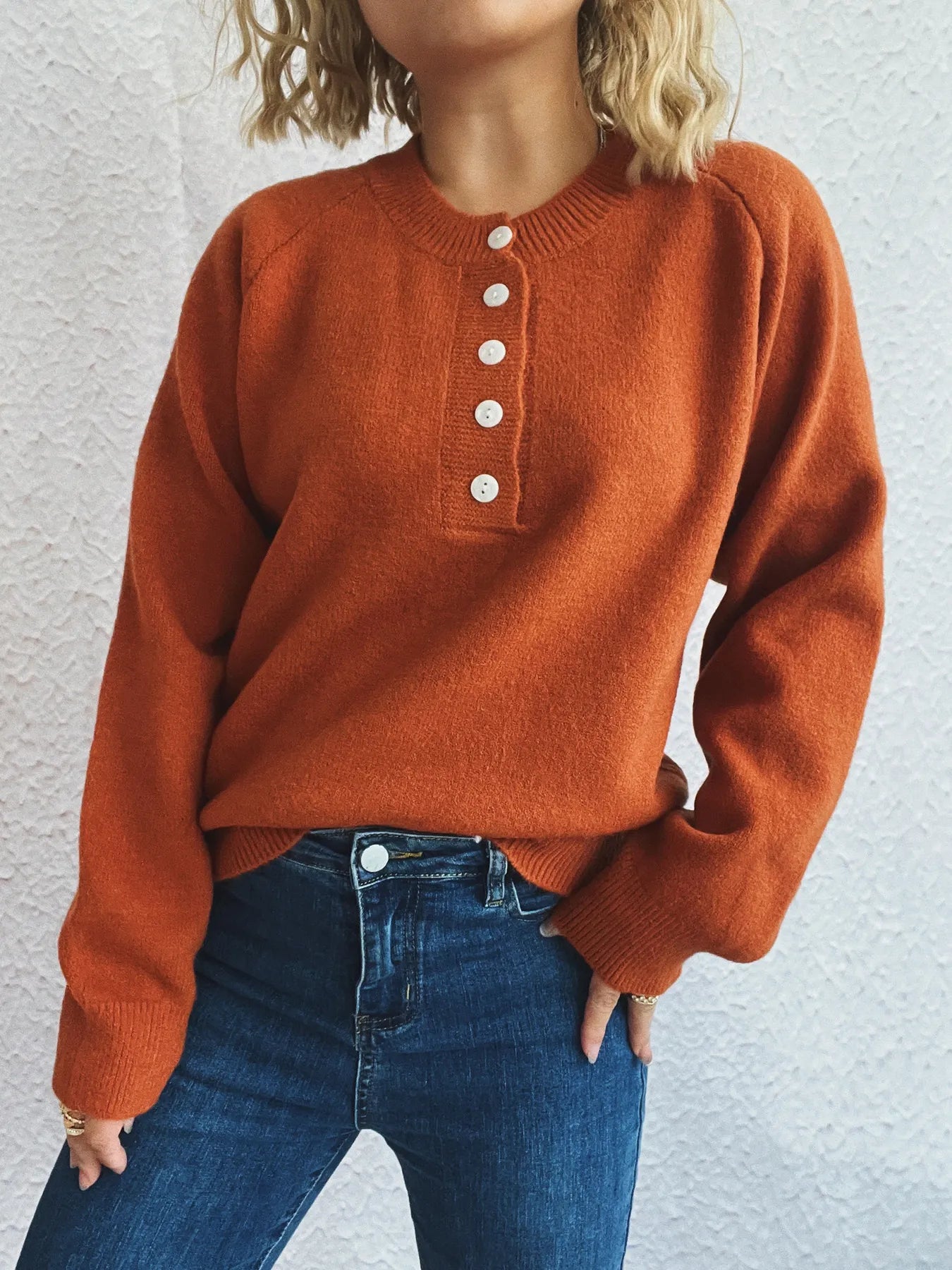 Button-Front Long Sleeve Sweater - Fashorio