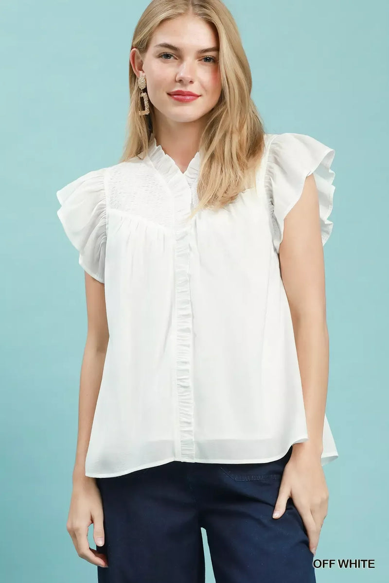 Umgee Smocked Ruffle Sleeve Blouse front view