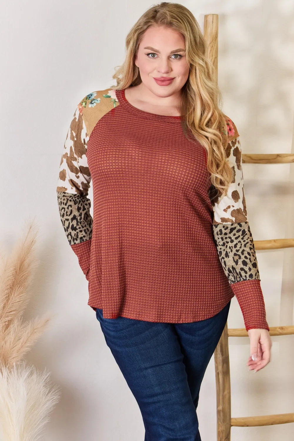 Hailey & Co Full Size Leopard Waffle-Knit Blouse - Fashorio