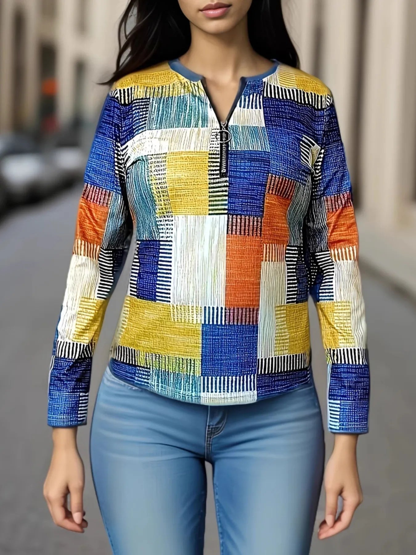 Color Block Zip Front Long Sleeve Top - Fashorio