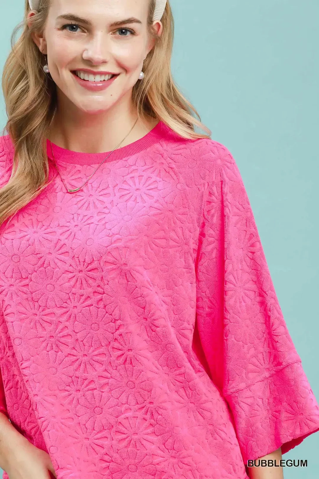 Pink floral terry round neck blouse detail view