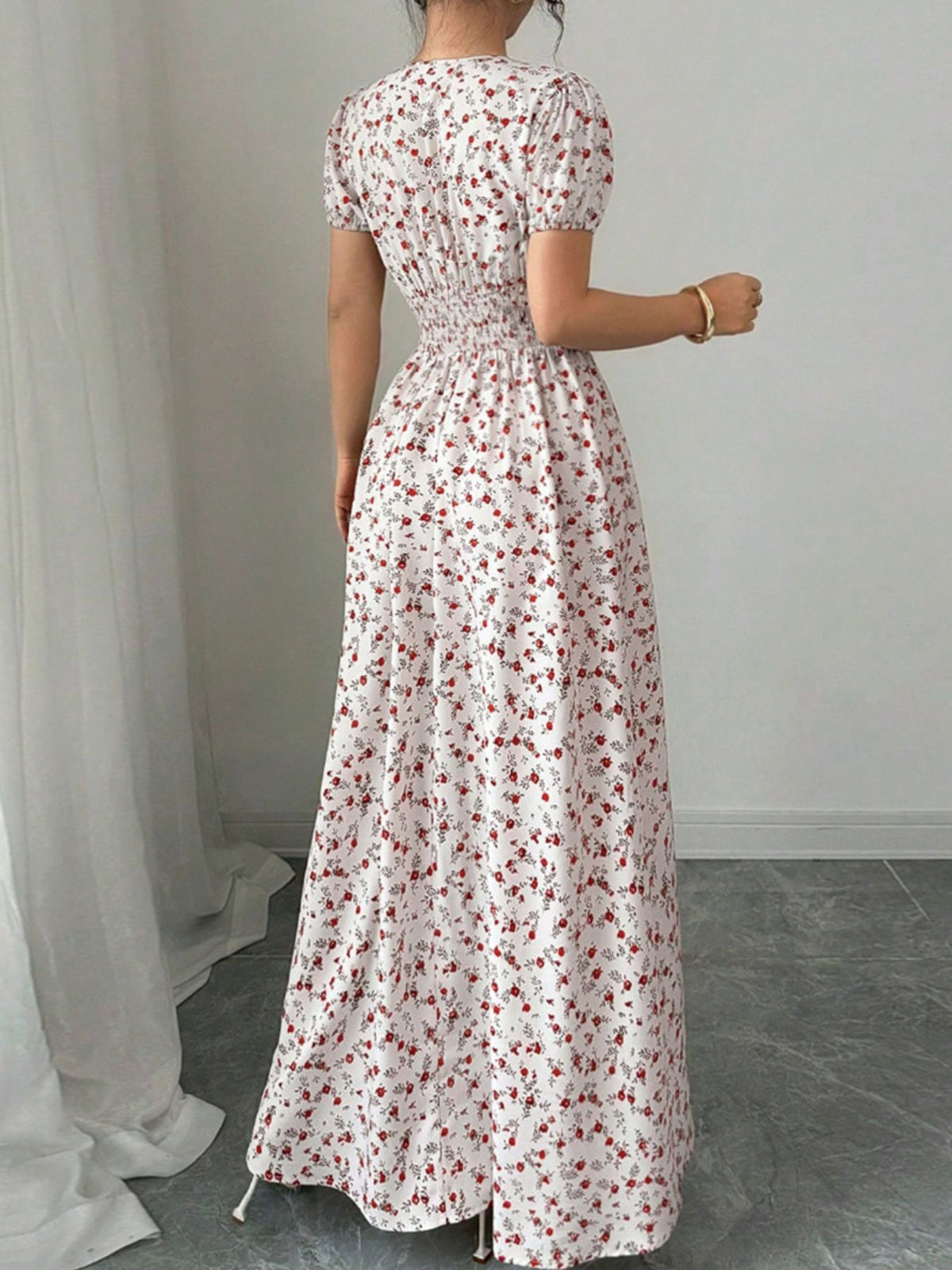 pink pink floral V neck smocked maxi dress back view