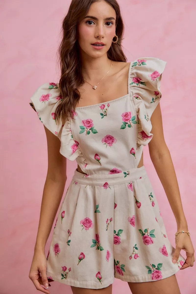 Floral Print Denim Cut Out Waist Ruffled Romper view 7