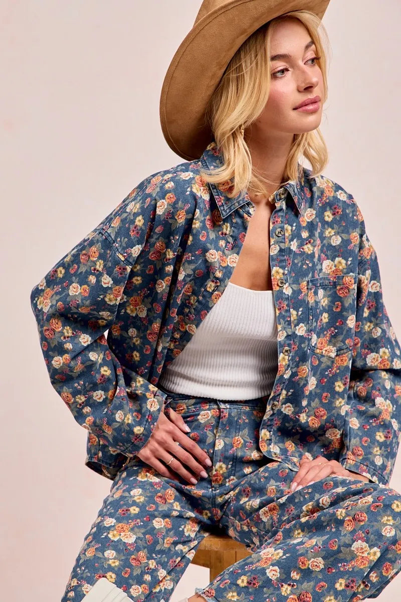 BiBi Washed Floral Print Denim Jacket - Fashorio