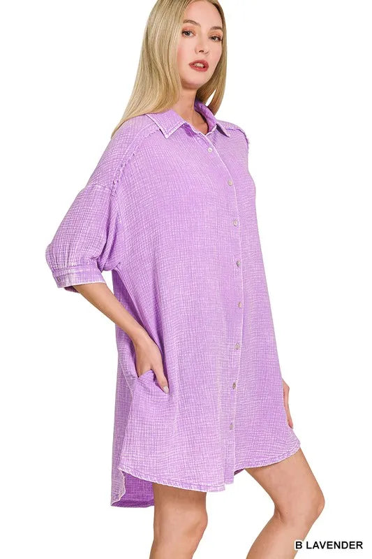 Washed Double Gauze Button Down Shirt Dress in Lavender back view