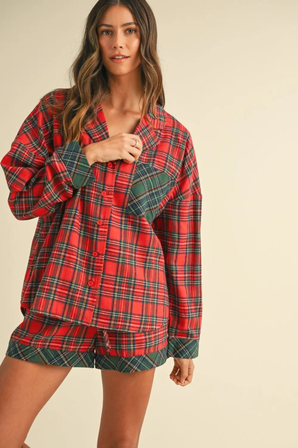 Annie Wear Contrast Plaid Long Sleeve Top and Shorts Set - Fashorio