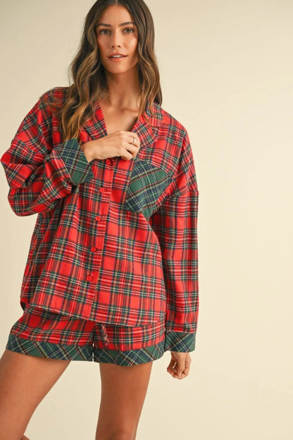 Annie Wear Contrast Plaid Long Sleeve Top and Shorts Set - Fashorio