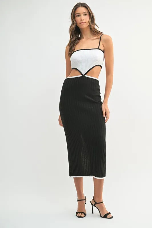 Ribbed Knit Cut Out Color Block Midi Dress in Black side view