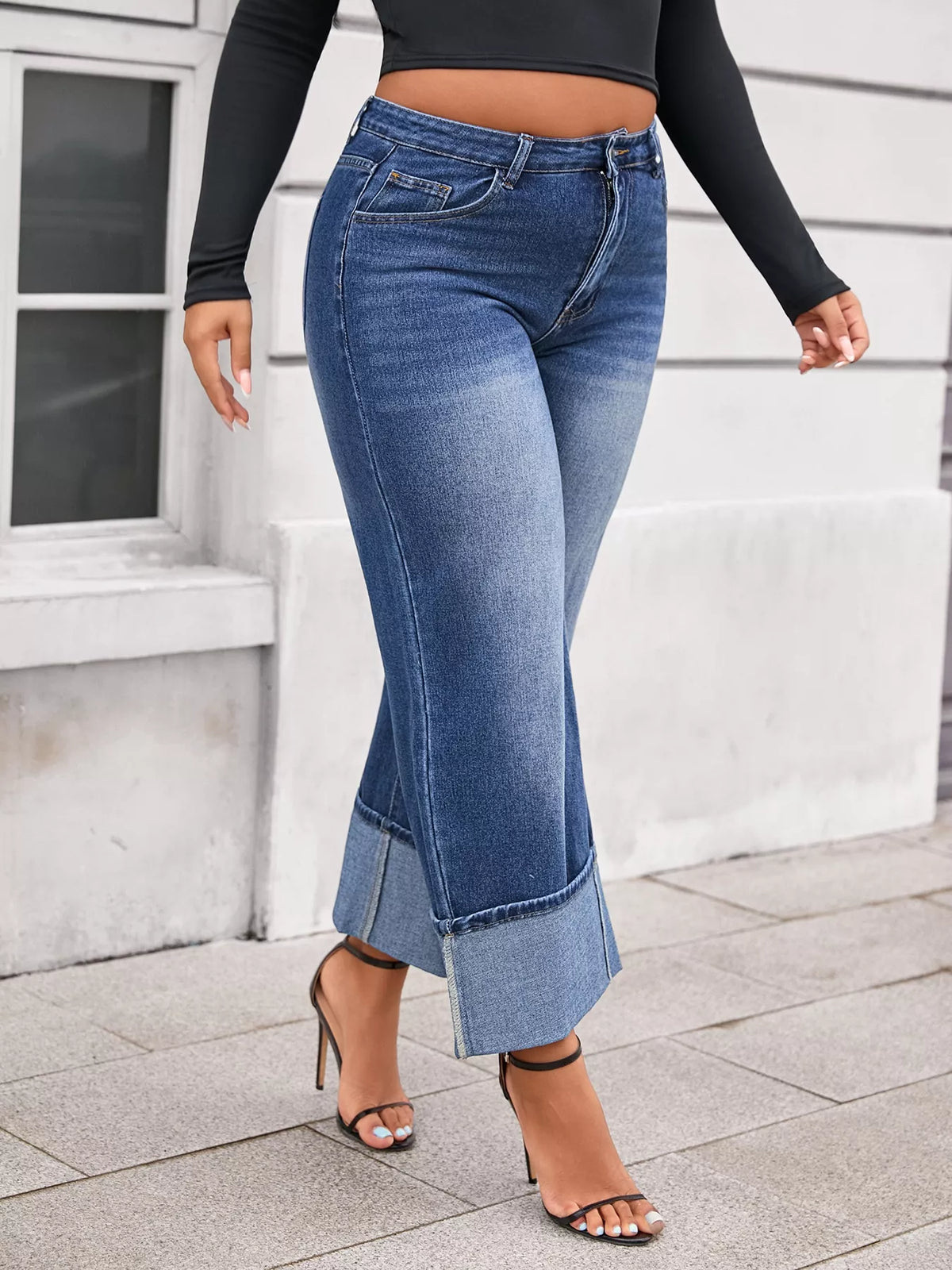 Cuffed wide leg jeans hem detail