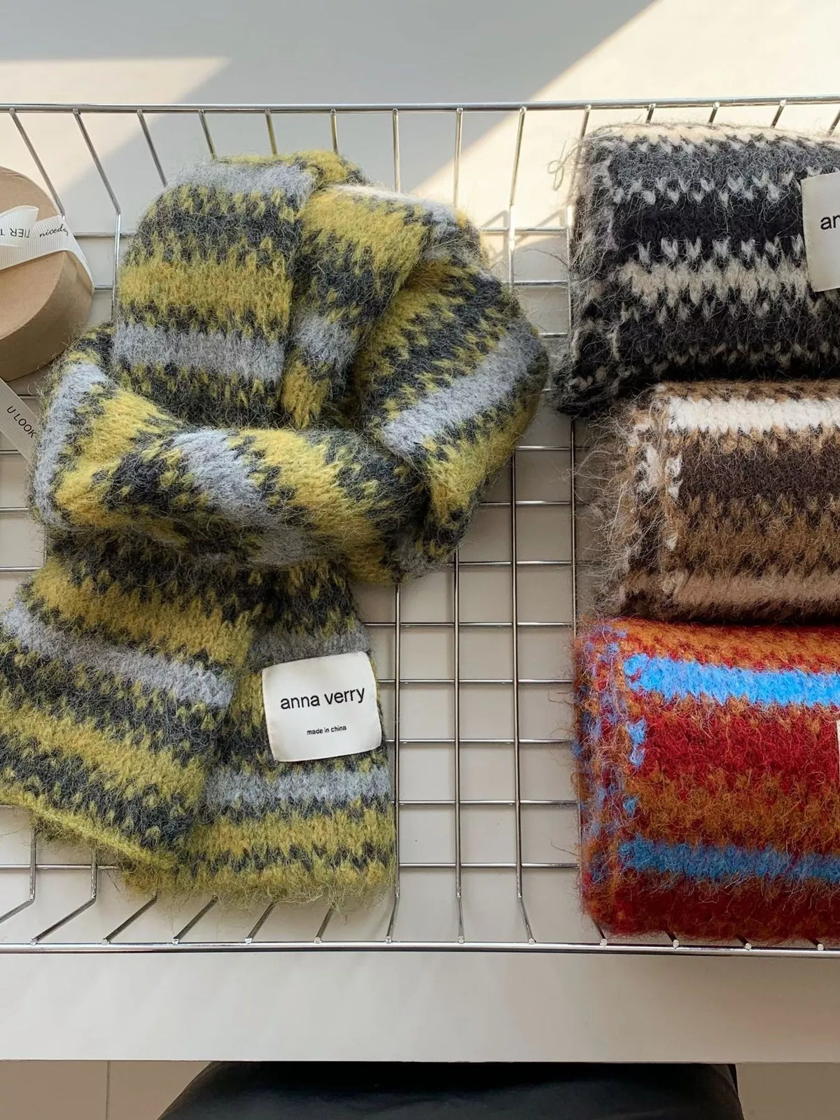 Striped wool scarf shown at full length