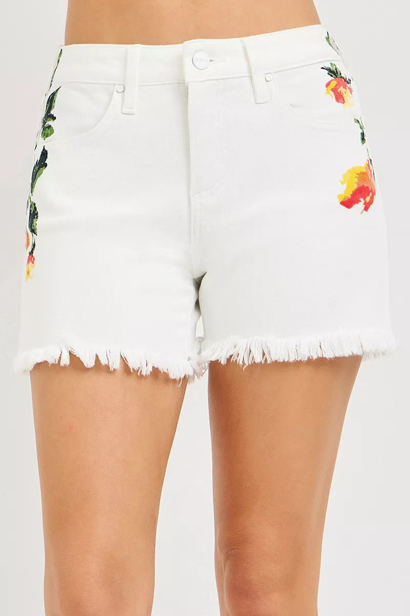 white RISEN floral high rise shorts front view