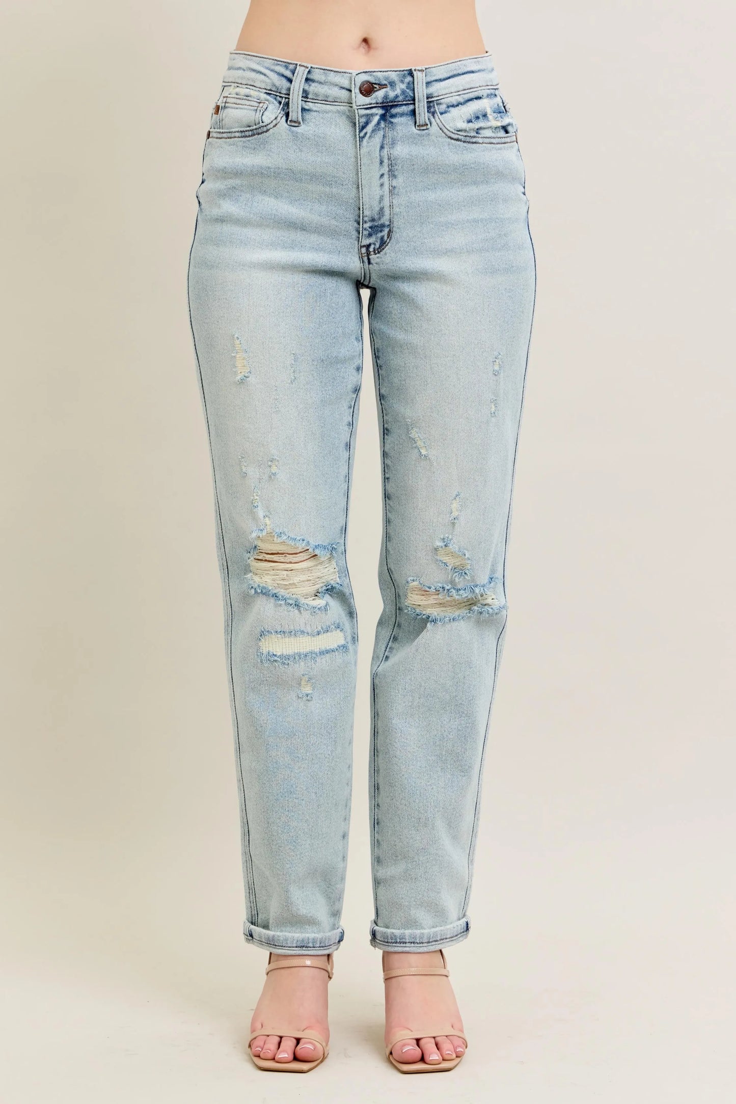 Judy Blue Full Size Mr Repair Stitch Detail Destroy Single Cuff Bf Jeans Plus Size - Fashorio
