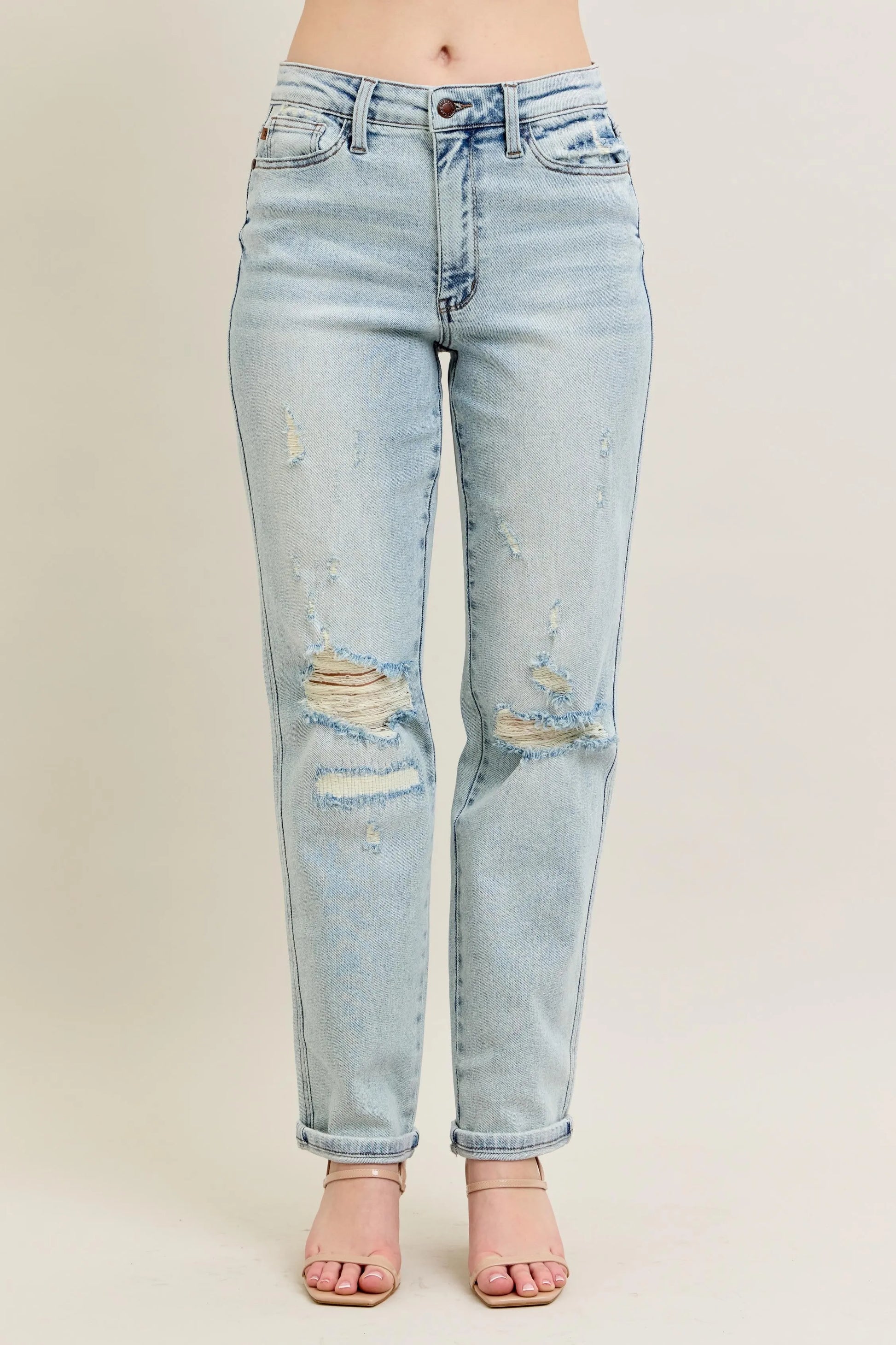 Judy Blue Full Size Mr Repair Stitch Detail Destroy Single Cuff Bf Jeans Plus Size - Fashorio