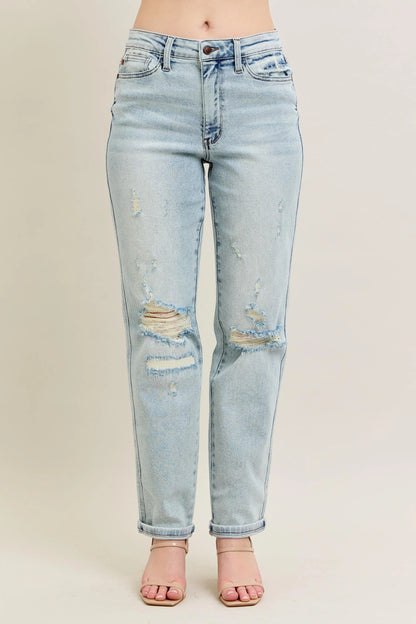 Judy Blue Full Size Mr Repair Stitch Detail Destroy Single Cuff Bf Jeans Plus Size - Fashorio