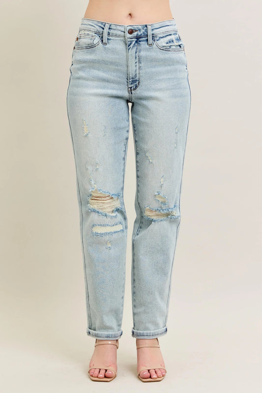 Judy Blue Full Size Mr Repair Stitch Detail Destroy Single Cuff Bf Jeans Plus Size - Fashorio
