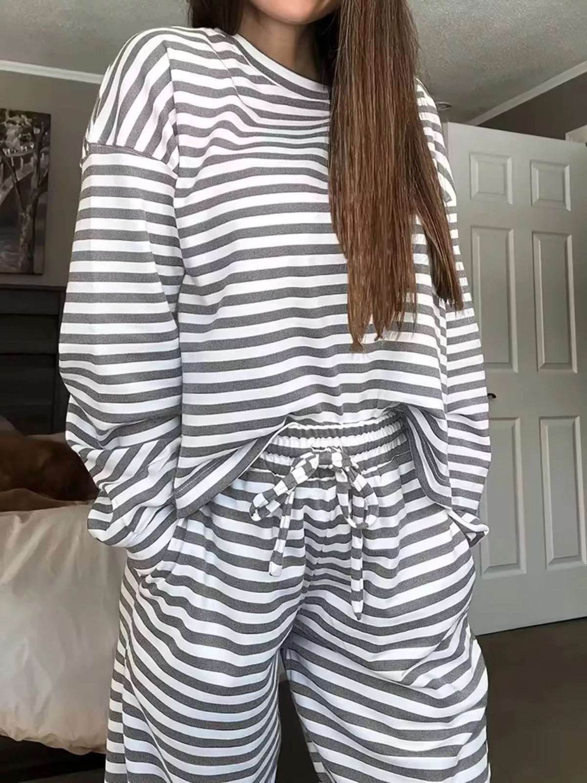 Striped matching two piece set model view