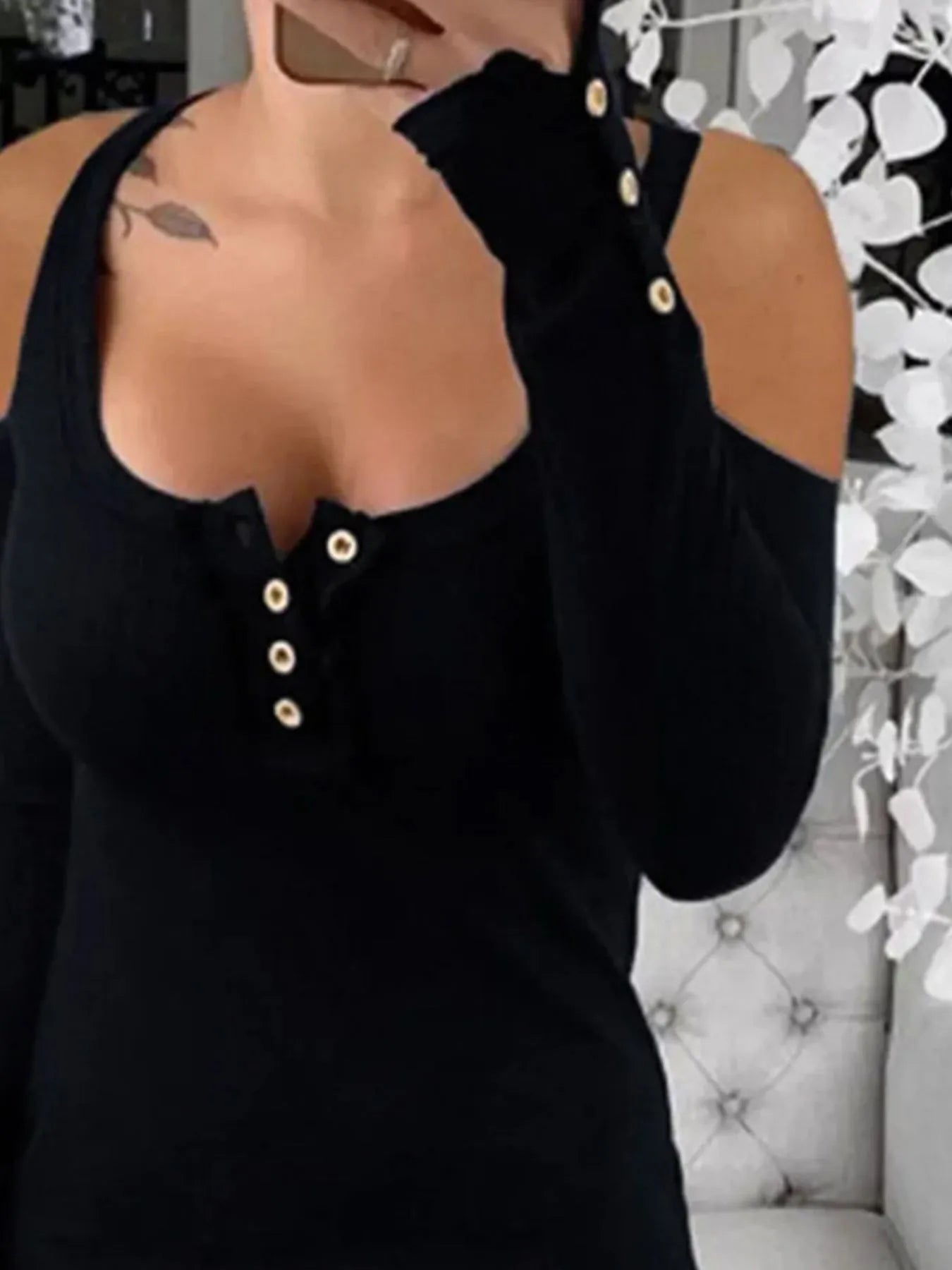 Cold Shoulder Ribbed Henley T-Shirt with Button Detail Black - Fashorio