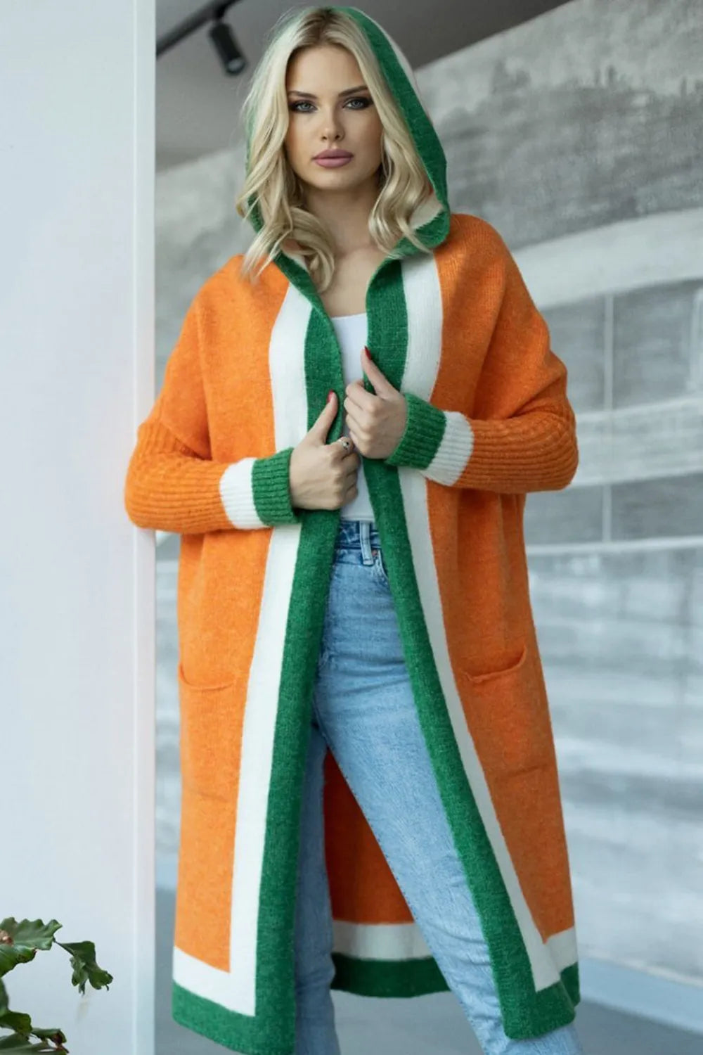 Pocketed Contrast Long Sleeve Hooded Cardigan Orange One Size - Fashorio