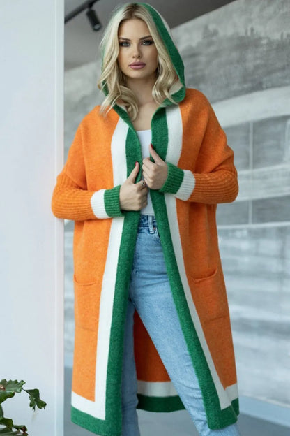 Pocketed Contrast Long Sleeve Hooded Cardigan Orange One Size - Fashorio
