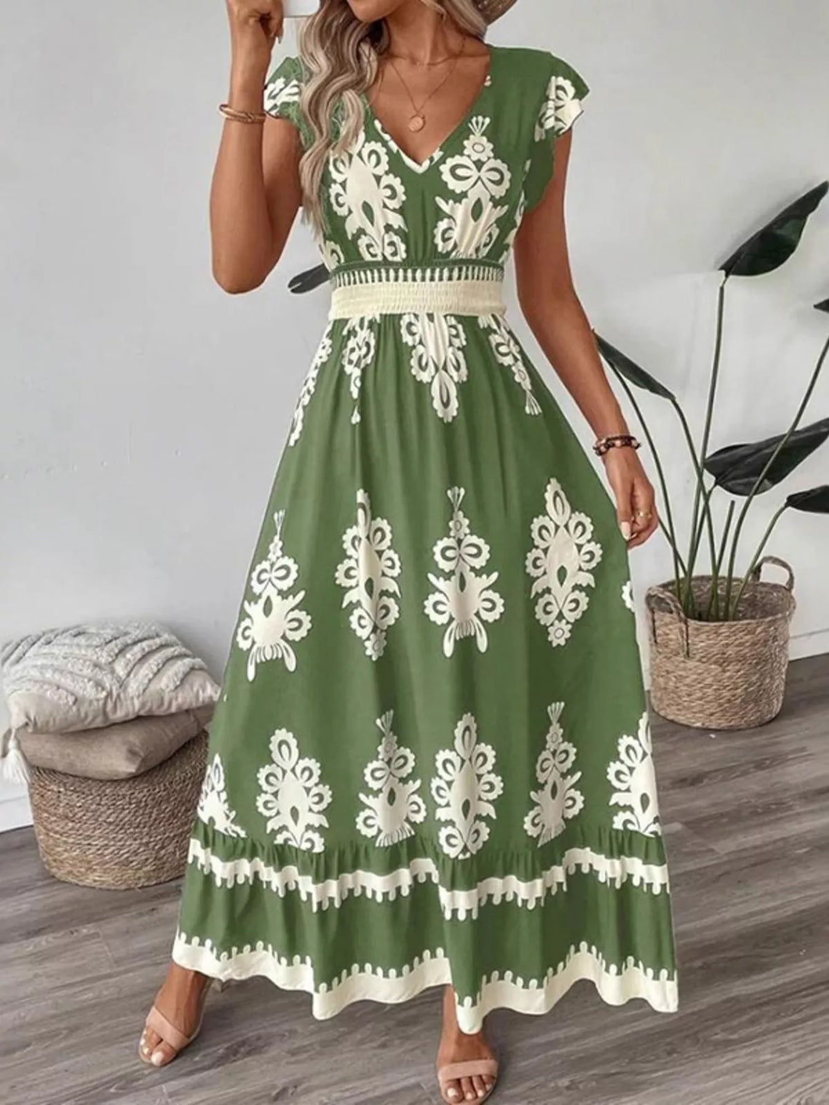 ruffle print v neck maxi dress sleeve detail