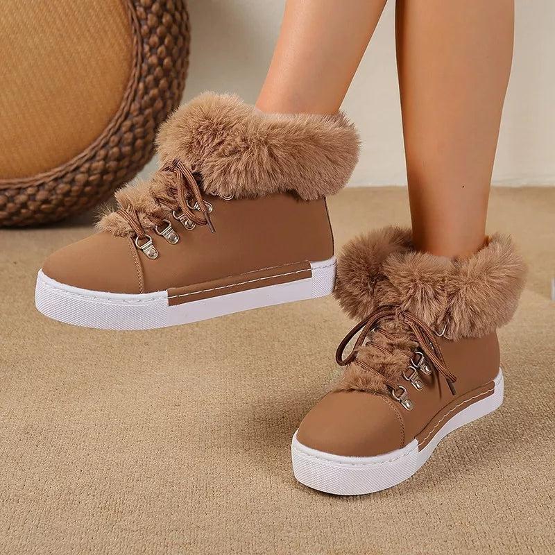 Fuzzy Trim Lace Up Ankle Boots in pink