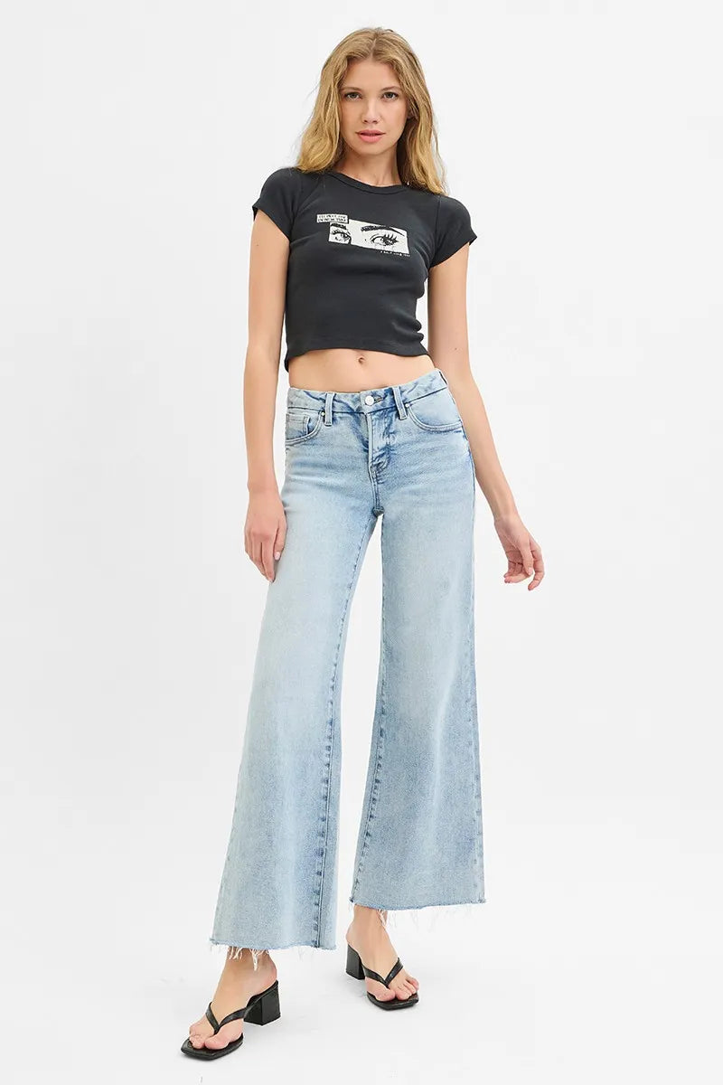 RISEN Full Size Tummy Control Low Rise Wide Leg Raw Cut Hem Jeans Plus Size - Fashorio