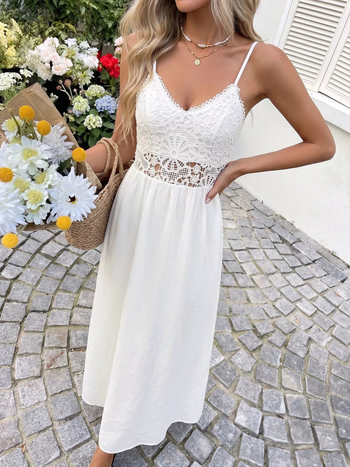 White lace maxi dress V neckline detail