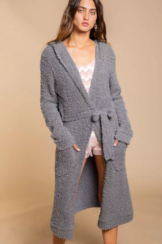 POL Berber fleece Tie Front Tunic Cardigan with Pockets GREY - Fashorio