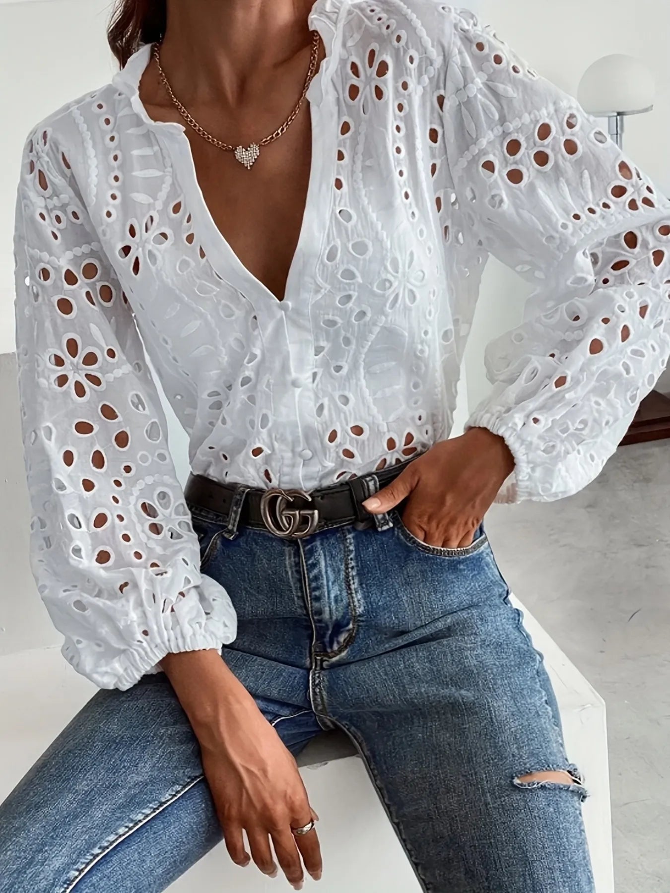 Eyelet Embroidered Button Front Shirt with Puffed Sleeves White - Fashorio