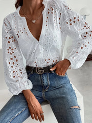 Eyelet Embroidered Button Front Shirt with Puffed Sleeves White - Fashorio