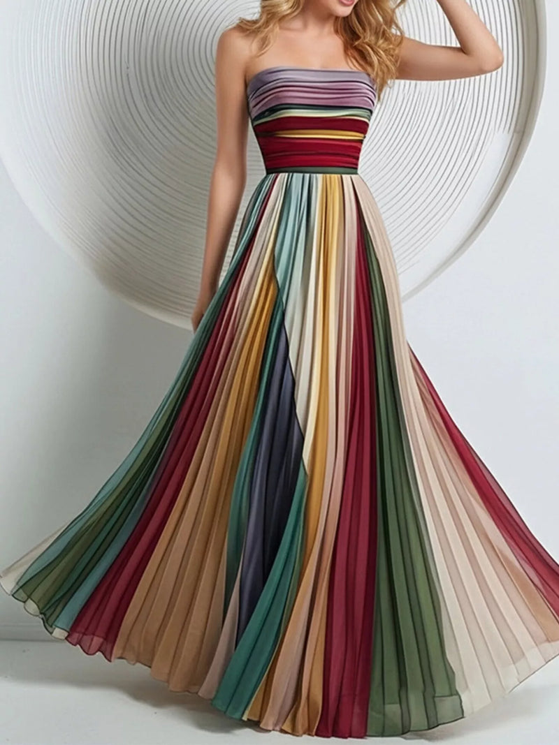 Multicolor striped pleated strapless maxi dress front view