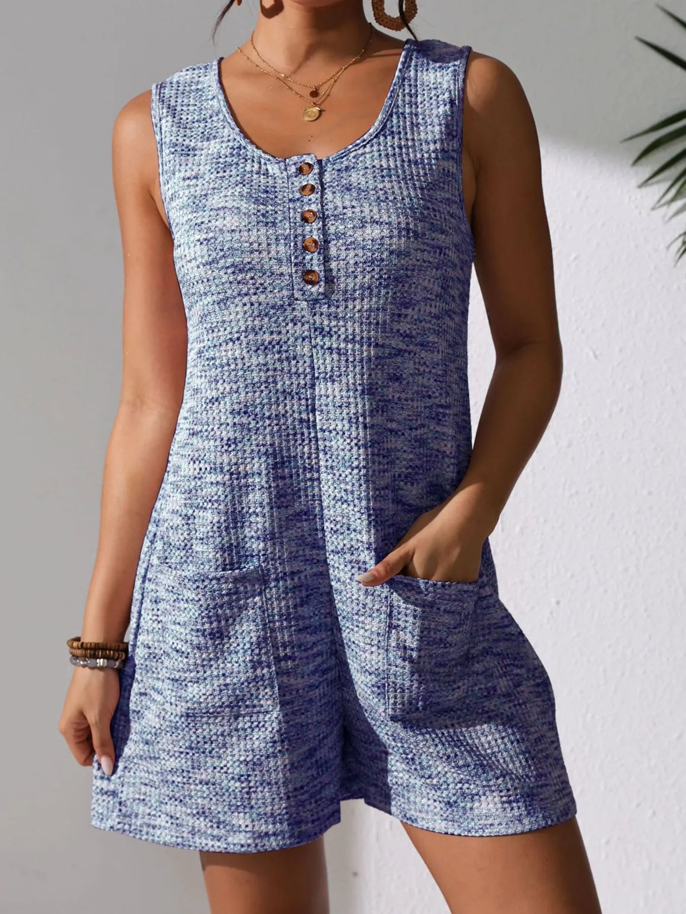 Full Size Button Front Romper with Pockets Plus Size Blue - Fashorio