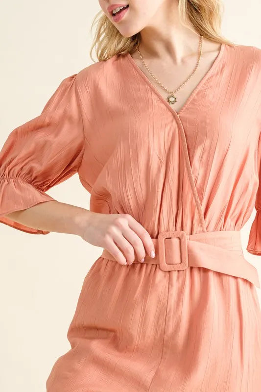 Flounce Sleeves Romper with Belt on model