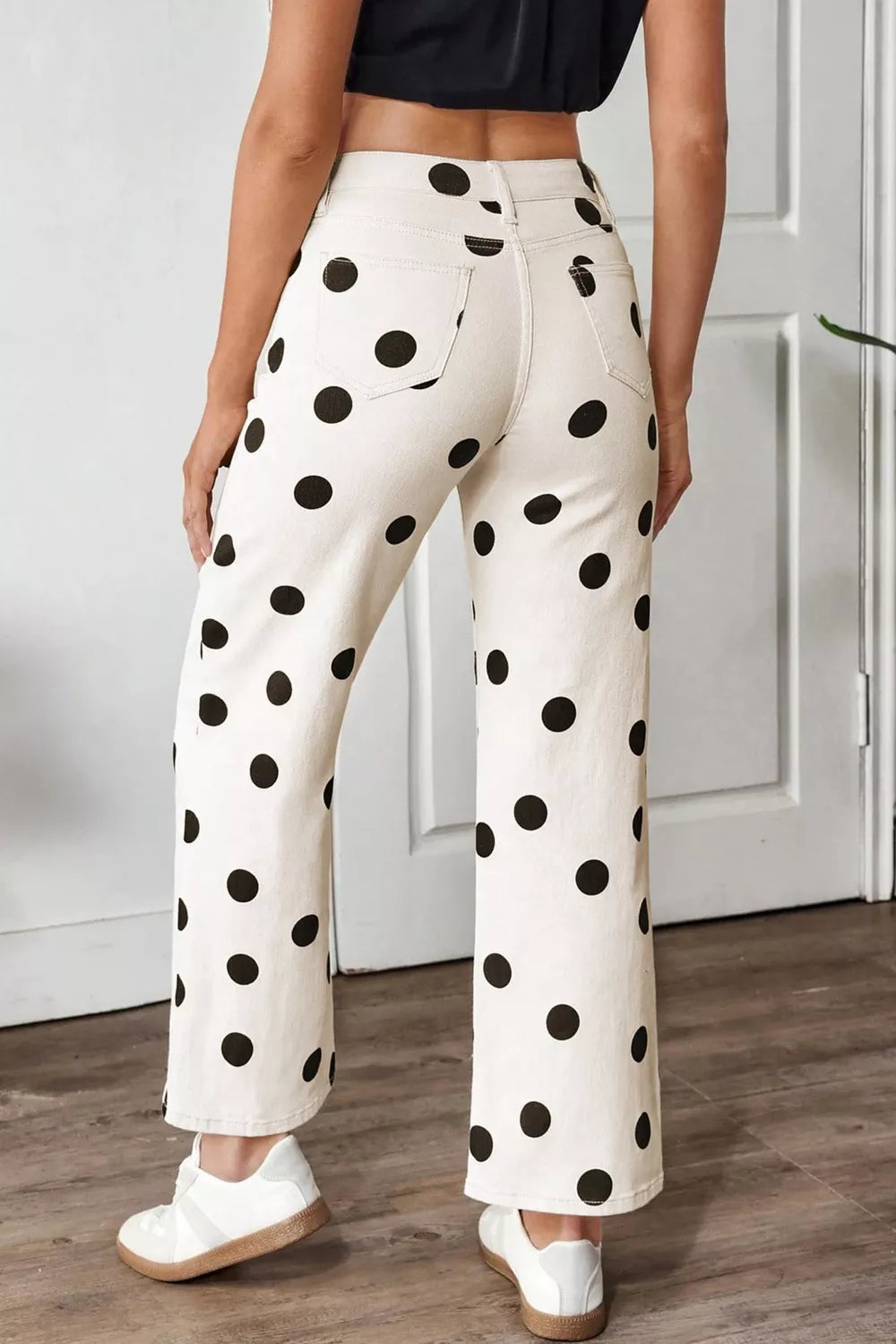 Polka dot printed denim on model full length