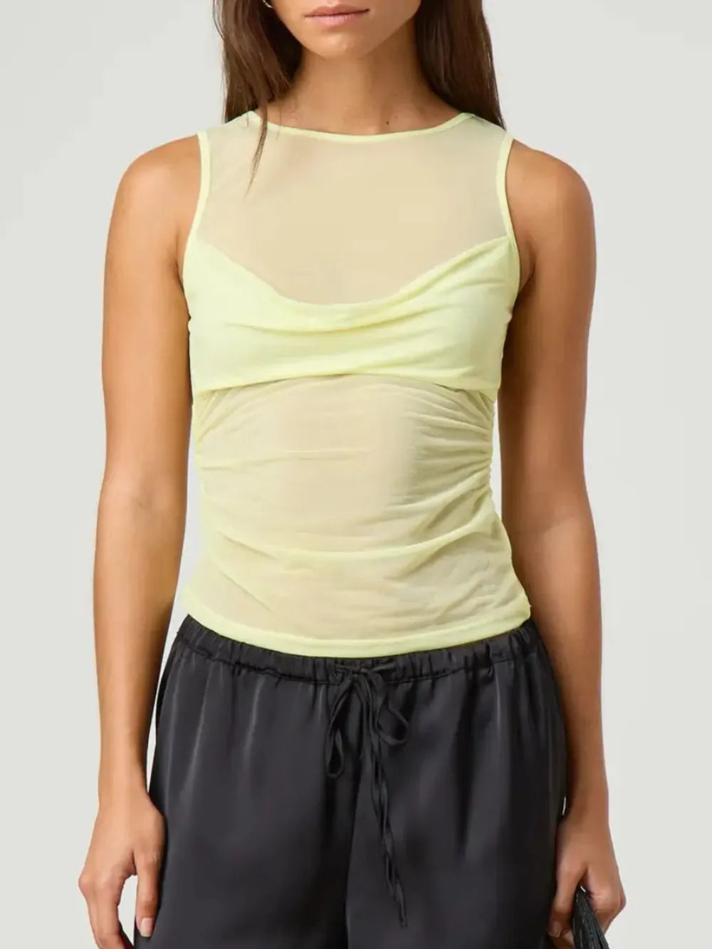 Ruched tank top worn styling view
