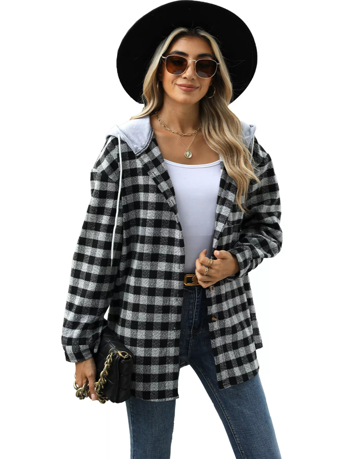 Plaid Hooded Drawstring Jacket in Black styled look