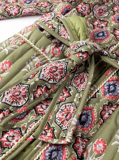 Belted Open Front Floral Winter Coat - Fashorio