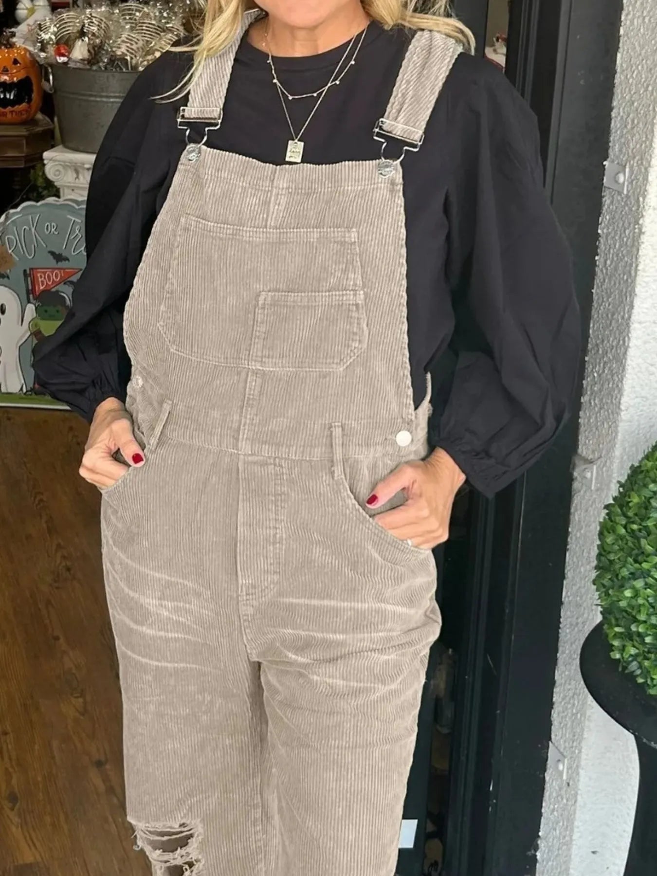 Distressed Wide Leg Corduroy Overalls - Fashorio