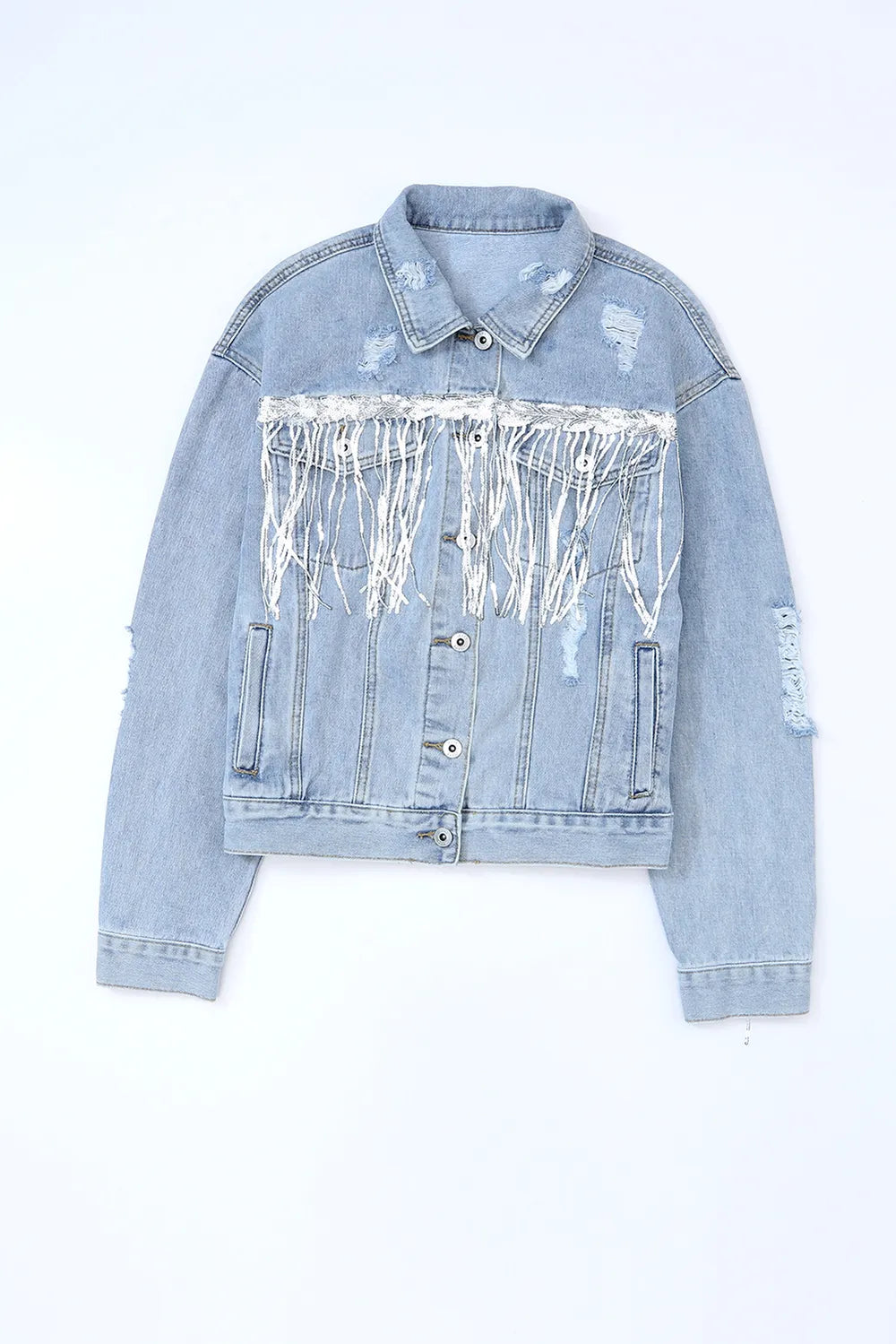 Sequin Fringe Distressed Denim Jacket in Medium Wash styled look