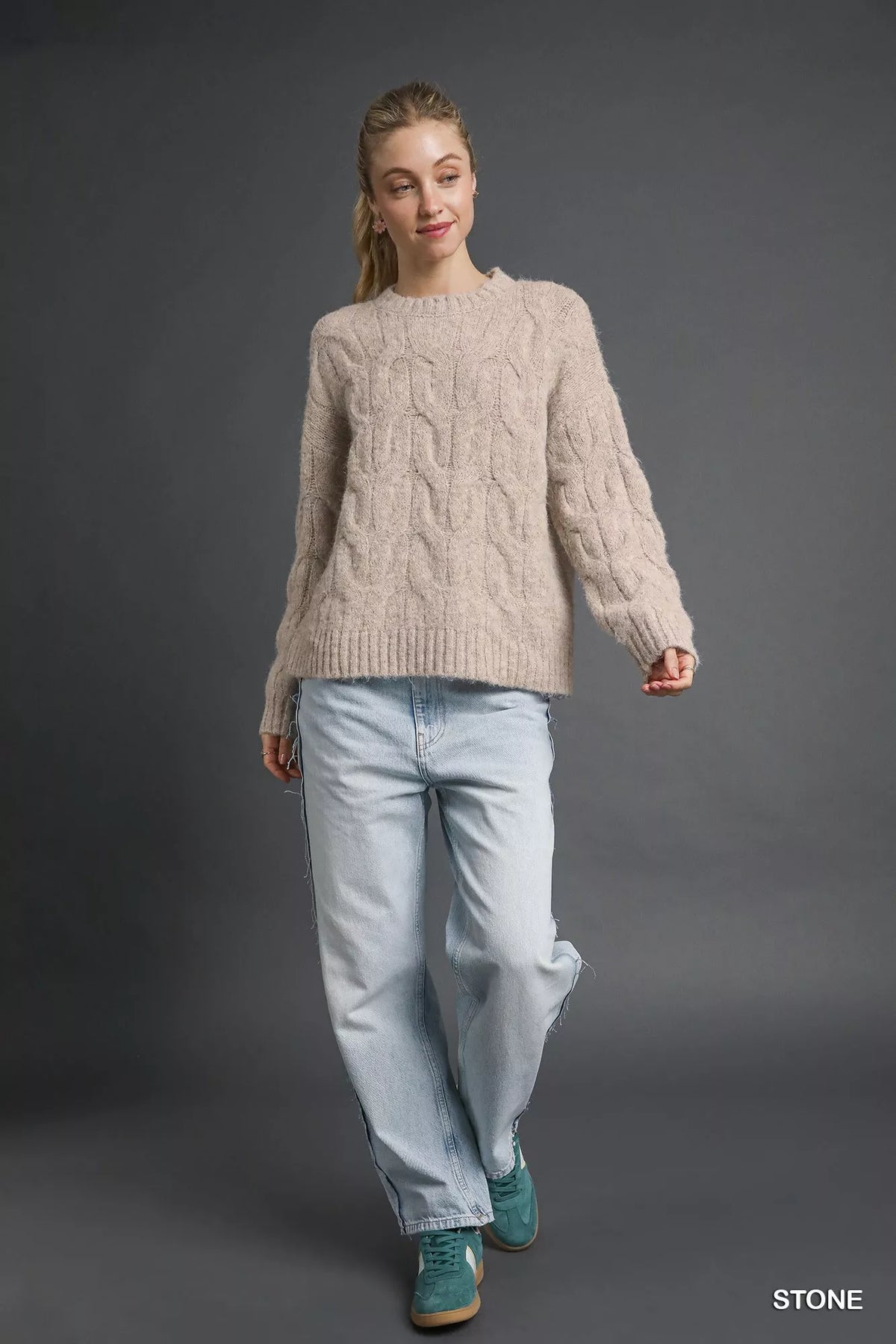 Cable Knit Cozy Sweater in Stone detail