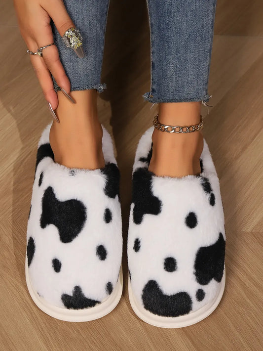 Animal Print Faux Fur Slippers Black - Fashorio