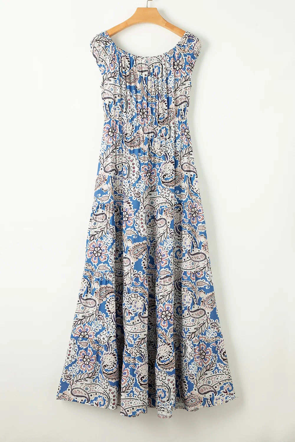 light blue printed off shoulder short sleeve maxi dress three quarter view