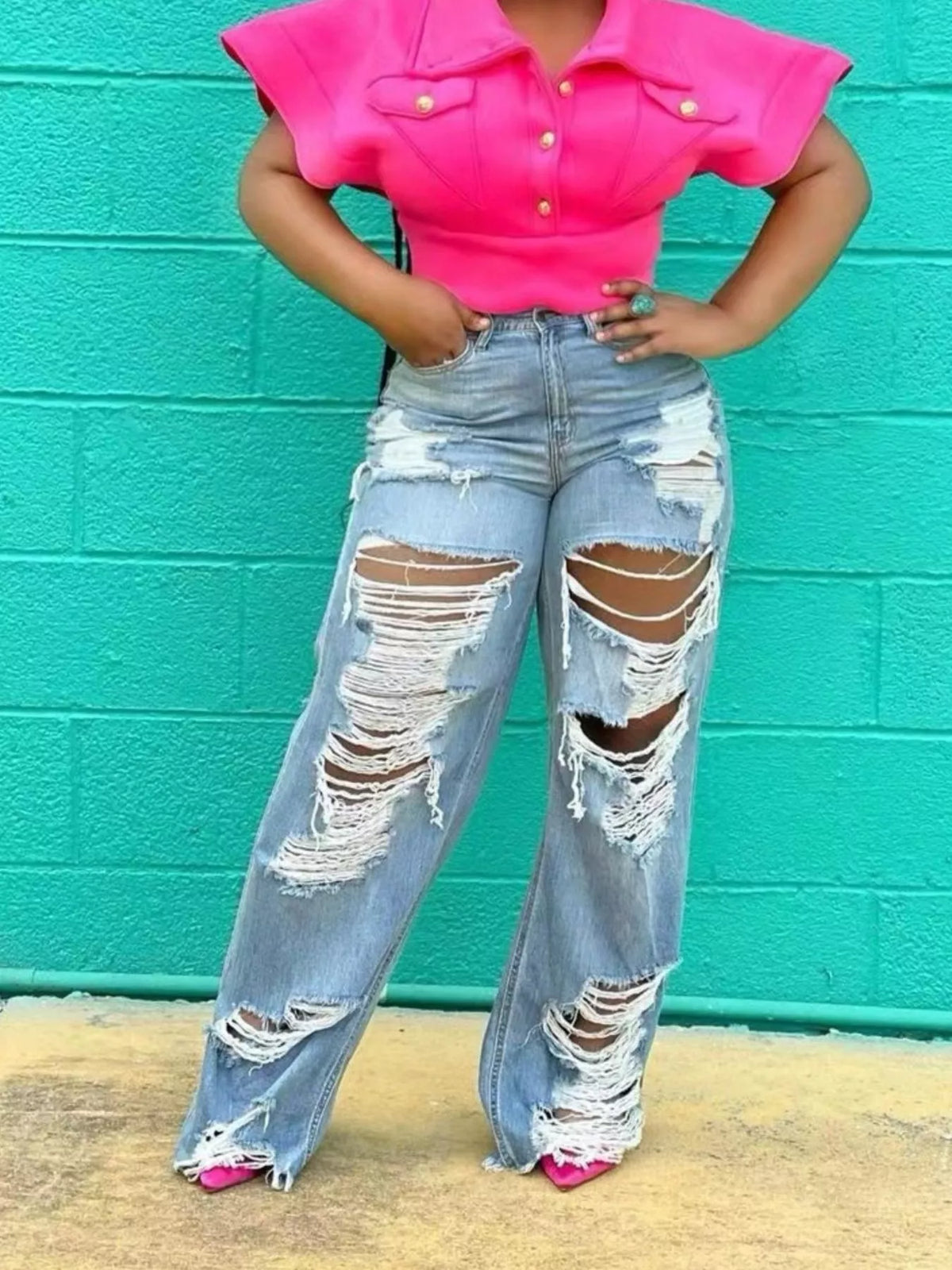 Distressed wide leg plus size jeans in blue front view