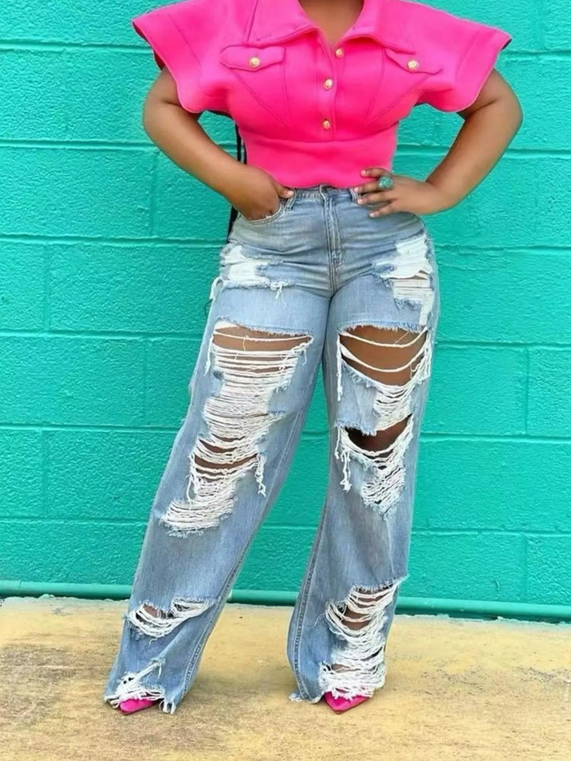 Distressed wide leg plus size jeans in blue front view