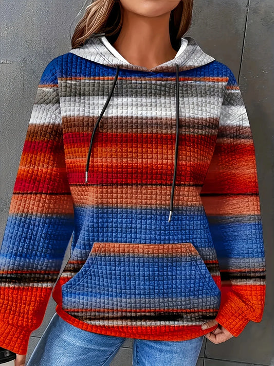 Drawstring Striped Kangaroo Pocket Hoodie Blue - Fashorio