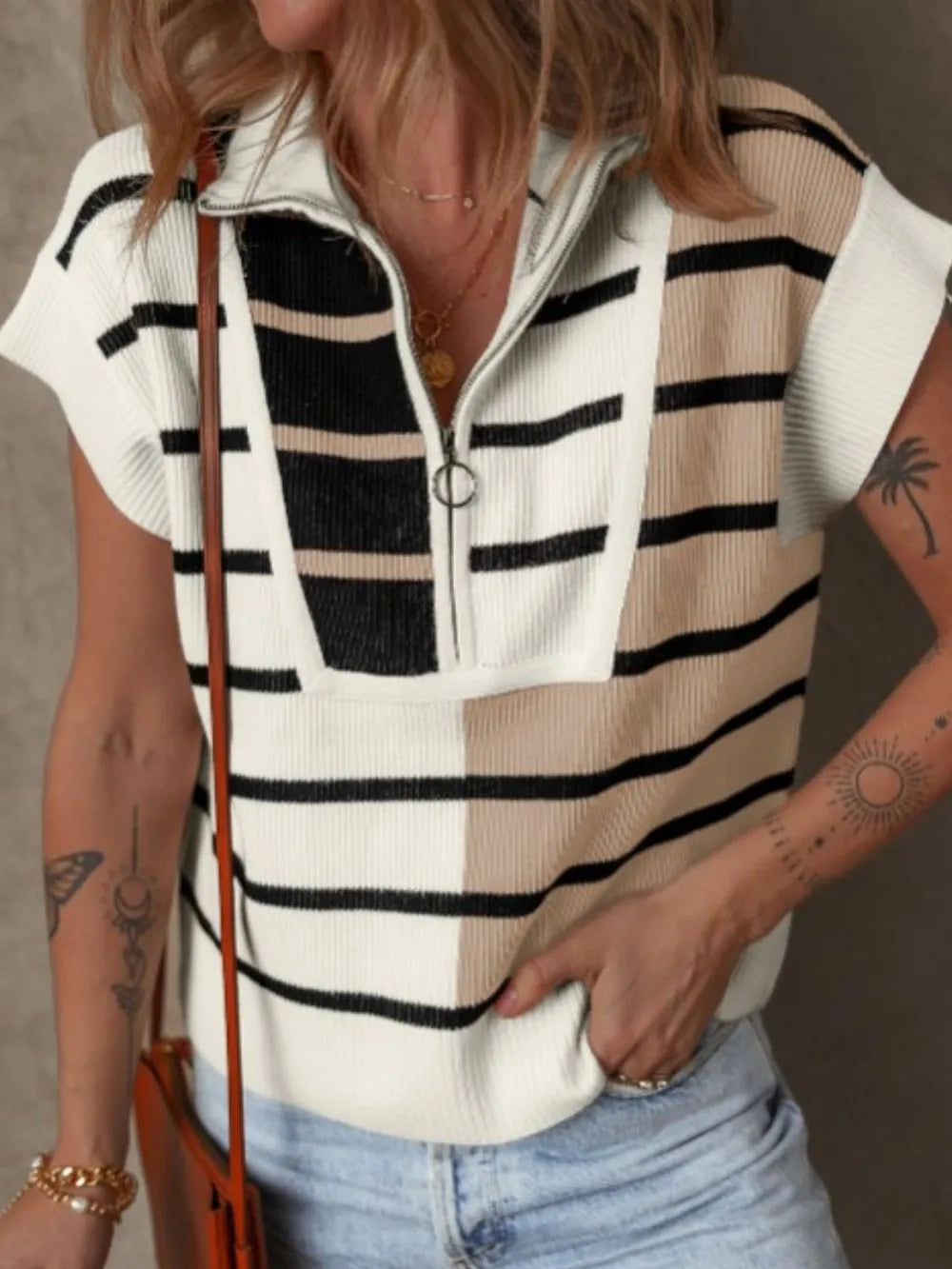 Striped Half Zip Sweater Vest in White and Light Blue