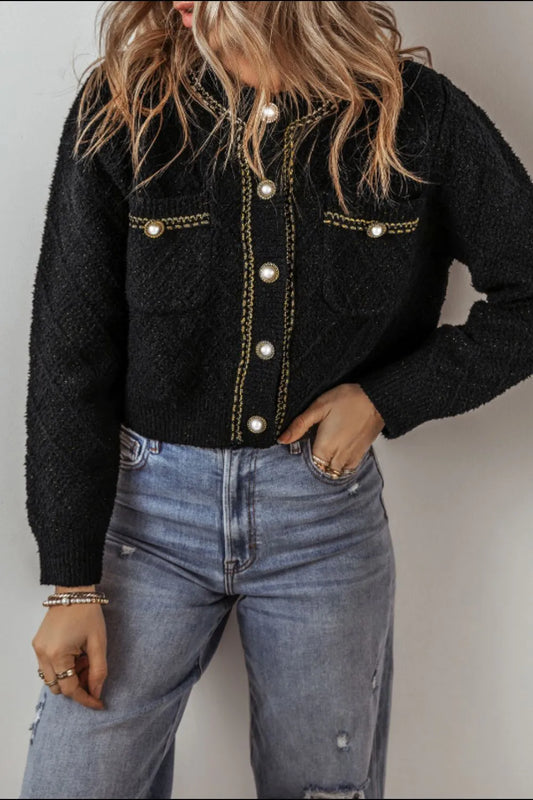 Round Neck Button Up Long Sleeve Cardigan Black - Fashorio