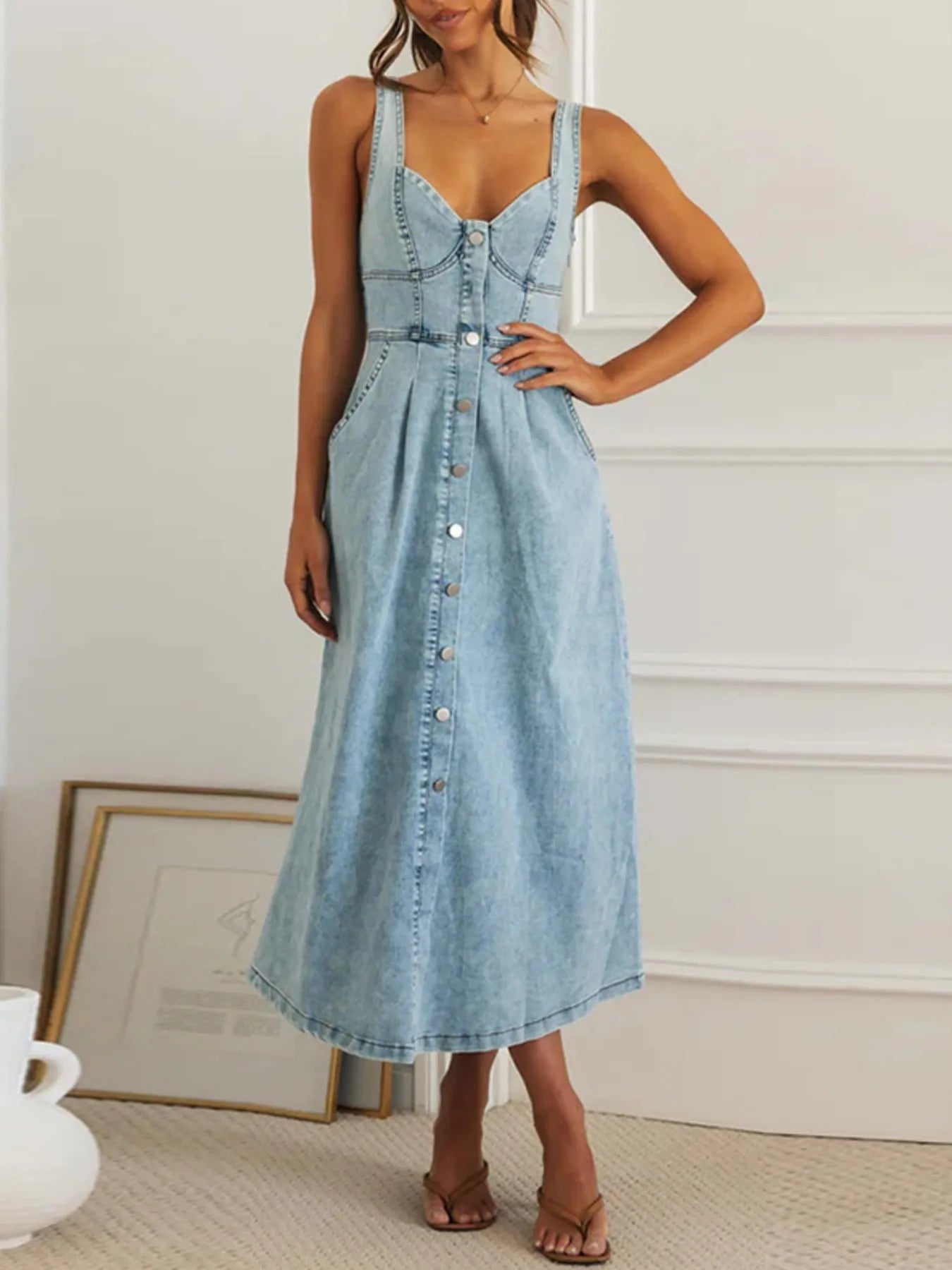 Sweetheart Neck Button-Front Midi Denim Dress - Fashorio