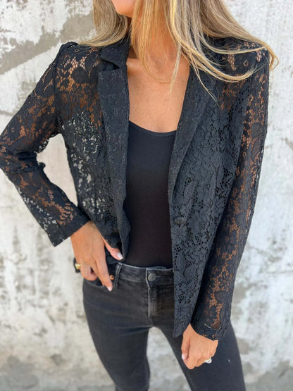Full Size Lace Open-Front Blazer Plus Size Black - Fashorio