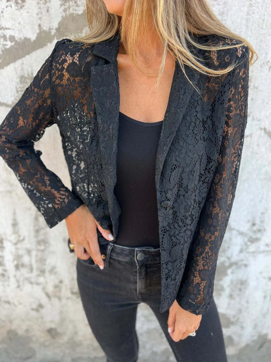 Full Size Lace Open-Front Blazer Plus Size Black - Fashorio